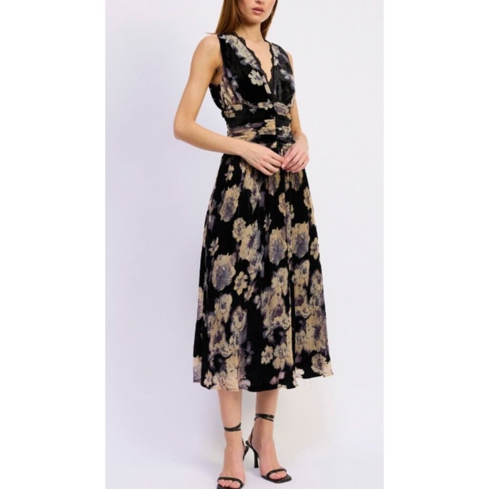 NWT En Saison Rowan Midi Sleeveless Fit Flare Dress Black Floral Size S $198[jb]